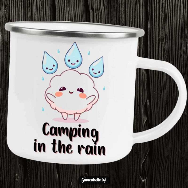 Funny camping mug with a fluffy cloud character juggling happy rain drops, perfect for outdoor adventures.