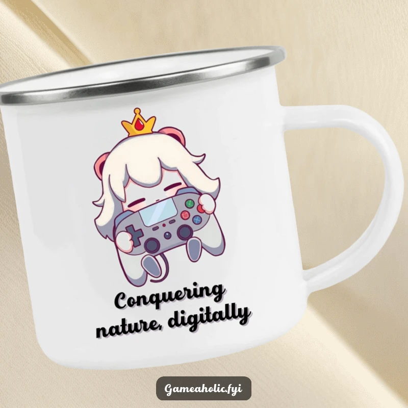 Funny camping mug showing a character hugging a video game controller, for outdoor gaming enthusiasts.