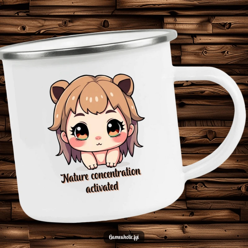Funny camping mug featuring a cute character with wide, sparkling eyes, intensely focused, ready for action.