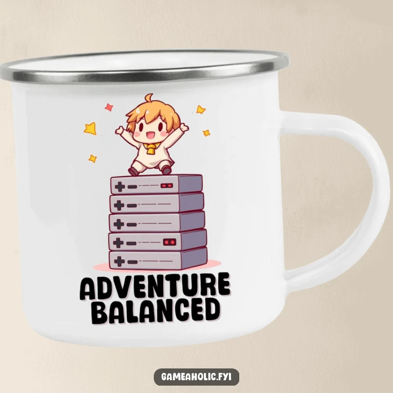 Funny gamer camping mug featuring a character balancing on a stack of game cartridges, perfect for gaming enthusiasts outdoors.