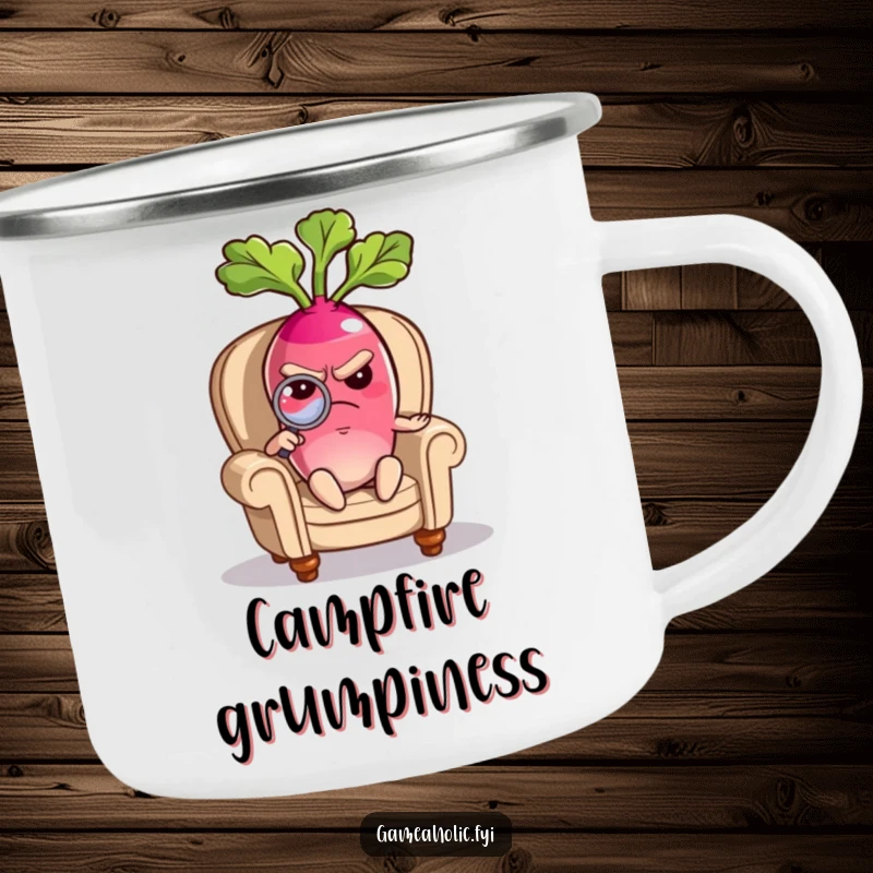 Funny camping mug illustration of a grumpy radish in a tiny armchair, using a magnifying glass, ready for the outdoors.