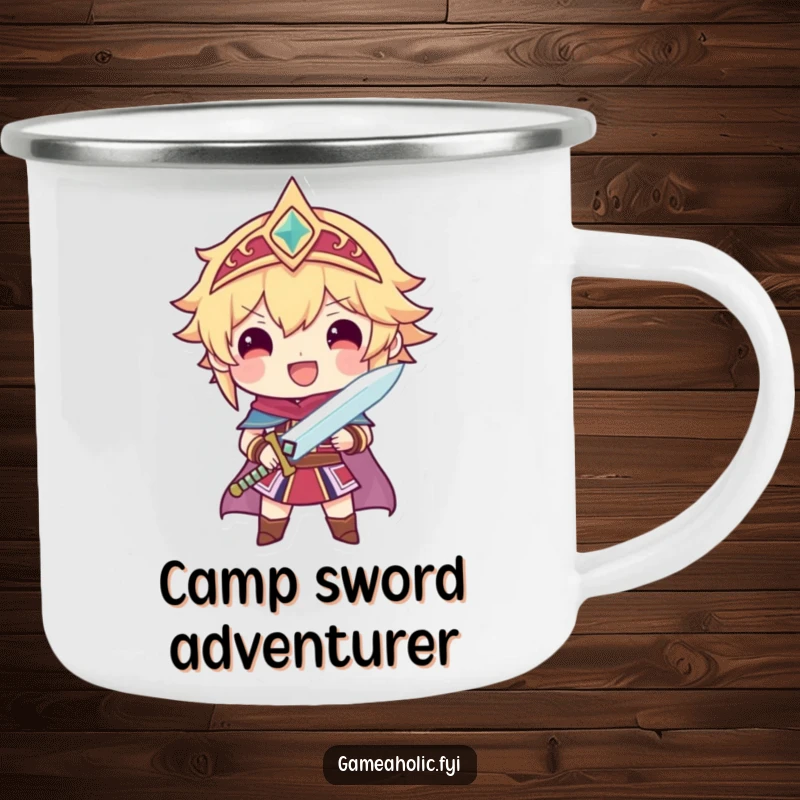Funny camping mug featuring a proud character holding a tiny, sparkling sword, for heroic outdoor enjoyment.