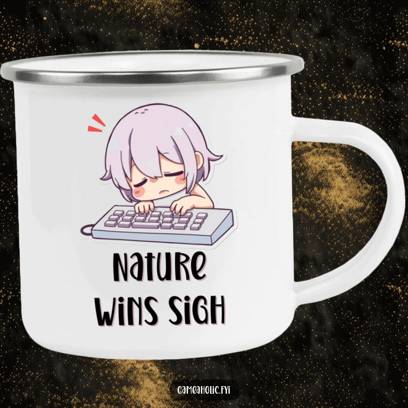 Funny Character Dramatically Slumping Over a Keyboard with a Comically Exaggerated Sigh Camping Mug, Durable Humorous Drinkware.