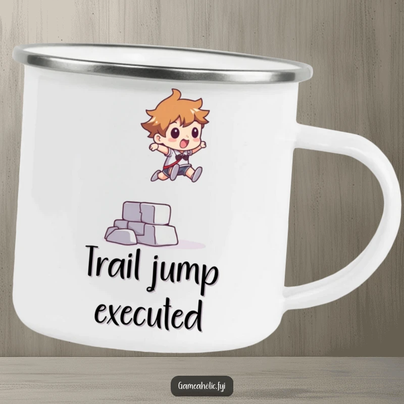 Funny camping mug with a character leaping over a pixelated obstacle, perfect for outdoor enthusiasts who appreciate abstract art.