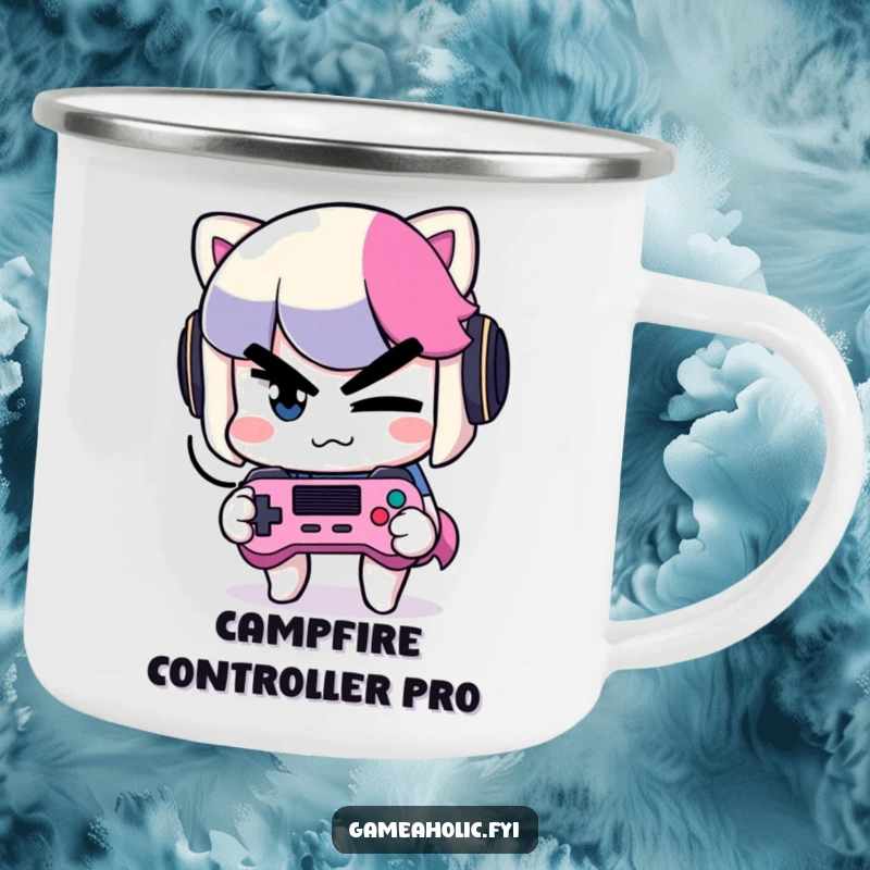 Funny Winking Gamer Camp Mug: A durable enamel mug with a mischievous character winking slyly while holding a game controller.