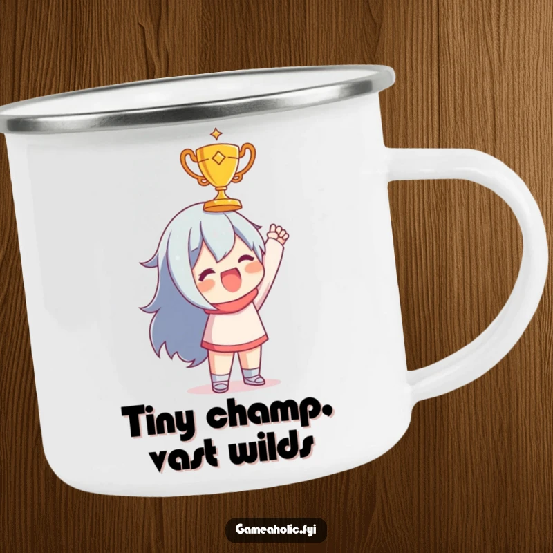 Funny camping mug featuring a character joyfully holding up a tiny, golden trophy, celebrating wins in the great outdoors.