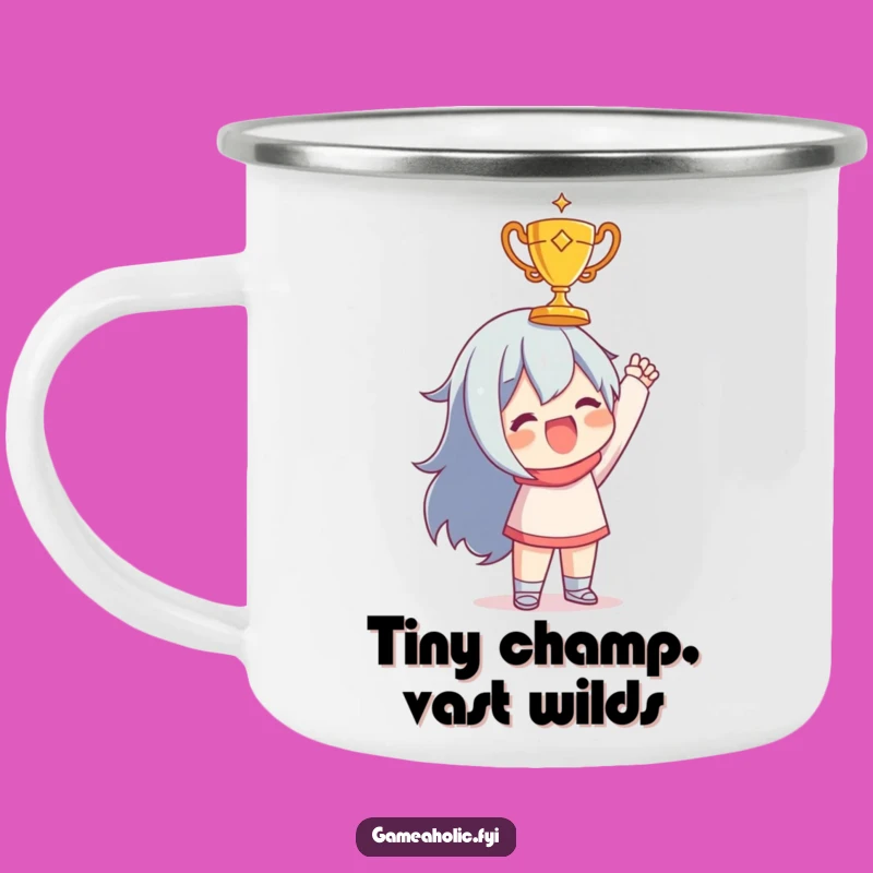 Funny Winner Camping Mug: Joyful Character with Tiny Trophy, Durable and Cheerful