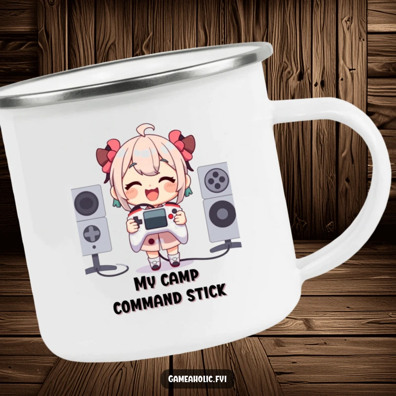 Funny Camping Mug of a character gleefully holding a tiny, comically oversized game controller, designed for outdoor fun and humor.