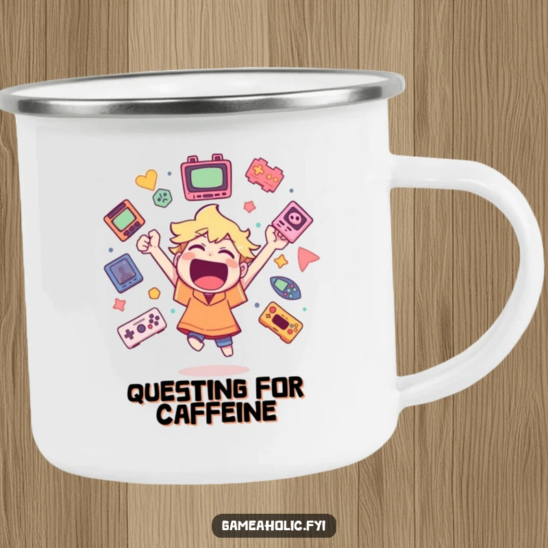 Funny camping mug featuring a character cheering wildly surrounded by floating game icons, perfect for outdoor gaming enthusiasts.