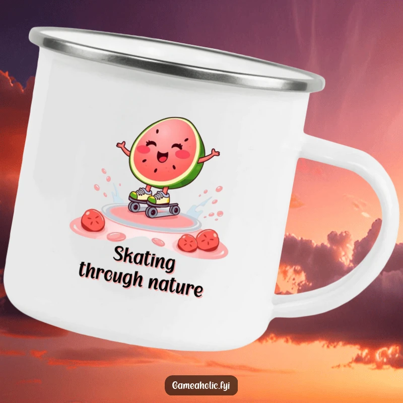 Funny camping mug with a happy watermelon slice on roller skates, gliding on juice, perfect for summer adventures.