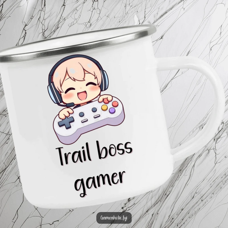 Funny camping mug featuring a character with headphones, enthusiastically mashing giant game controller buttons.