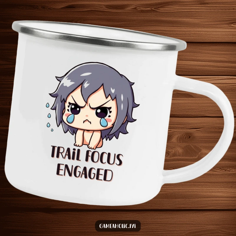 Funny Camping Mug: Playful character intensely focused, sweat flying, perfect for outdoor gaming enthusiasts.