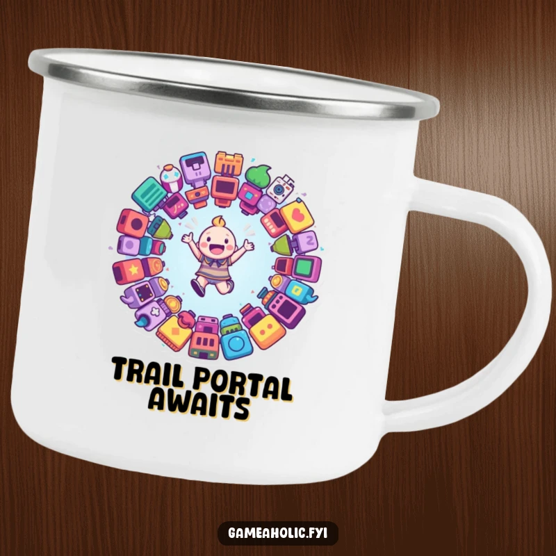 Funny camping mug showing a happy character leaping into a swirling portal of game icons, designed for outdoor gaming enthusiasts.