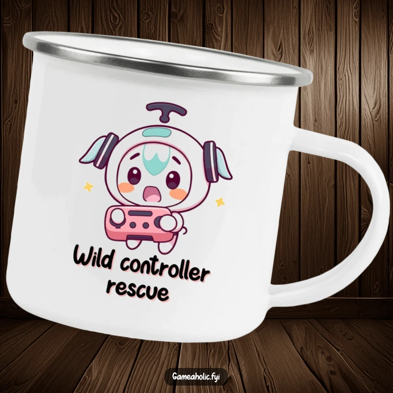 Funny camping mug featuring a character with a surprised expression catching a flying game controller, for outdoor gaming fun.