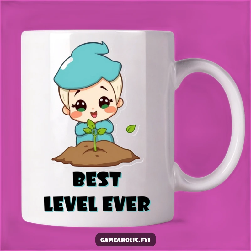 Funny Gamer Mug Surprise: Charming Character Delighted at Glowing Game Screen, Perfect Gift