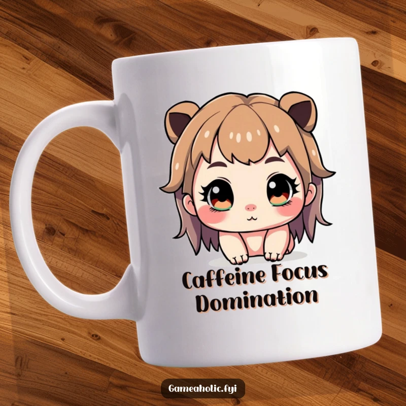 Funny mug showing a cute character with wide, sparkling eyes, intensely focused on a video game, exuding determination.