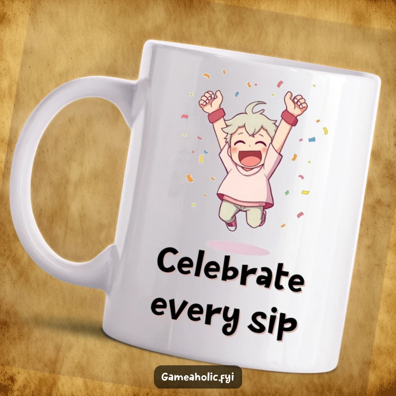 Funny mug showing a character cheering wildly, throwing confetti while leaping from a triumphant victory pose.