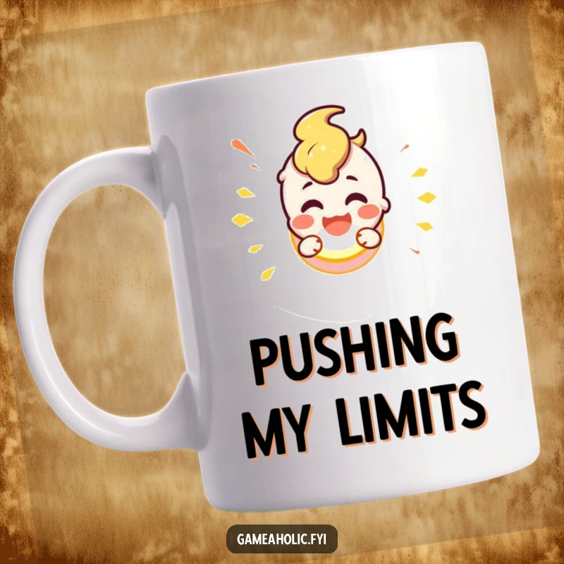 Cute character with a big smile excitedly smashing a glowing button, symbolizing impulse and fun, on a coffee mug.