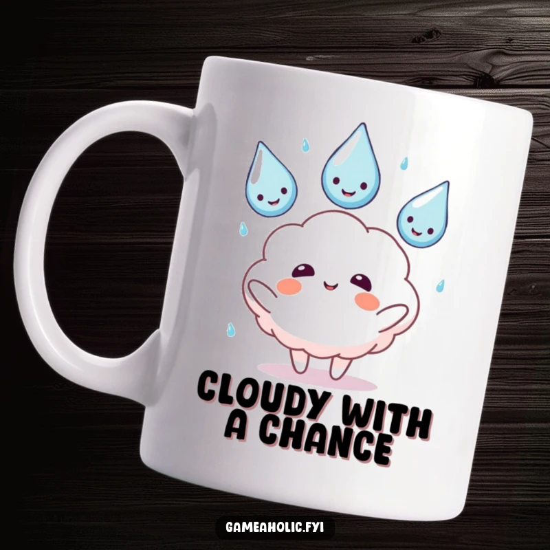 Funny mug showing a fluffy cloud character juggling three smiling rain drops, representing cheerful multitasking and weather fun.