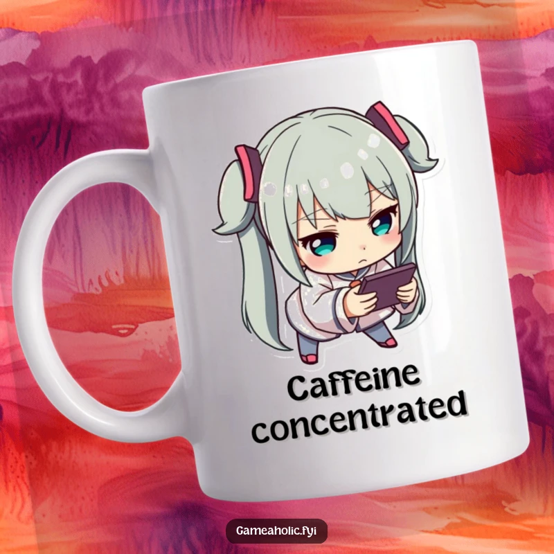 Funny Engrossed Gamer Mug: A character leaning forward intently, completely absorbed in playing a handheld electronic device.