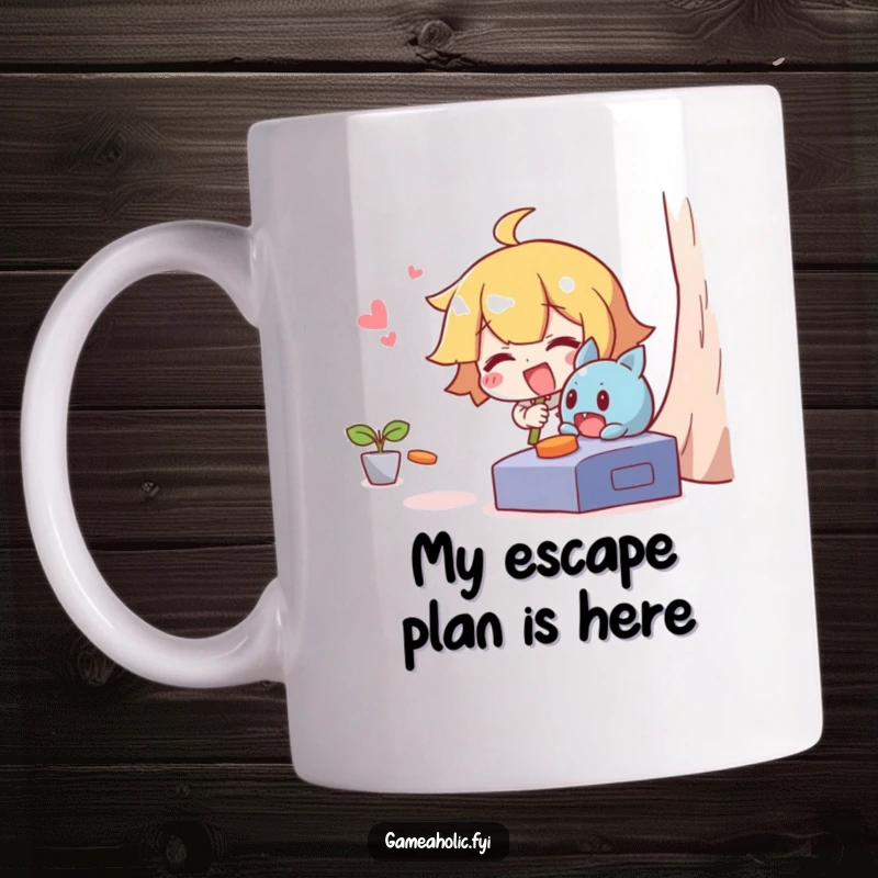 Funny mug featuring a giggling character desperately trying to catch a mischievous character who is escaping a video game.