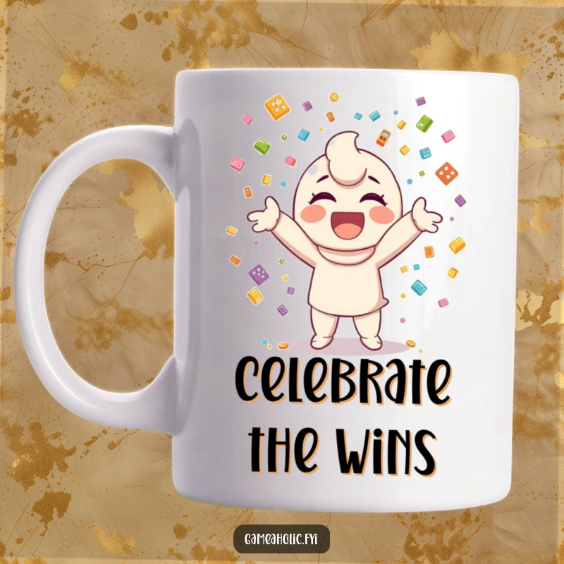 Funny mug featuring a happy character joyfully throwing confetti composed entirely of small, colorful video game icons.