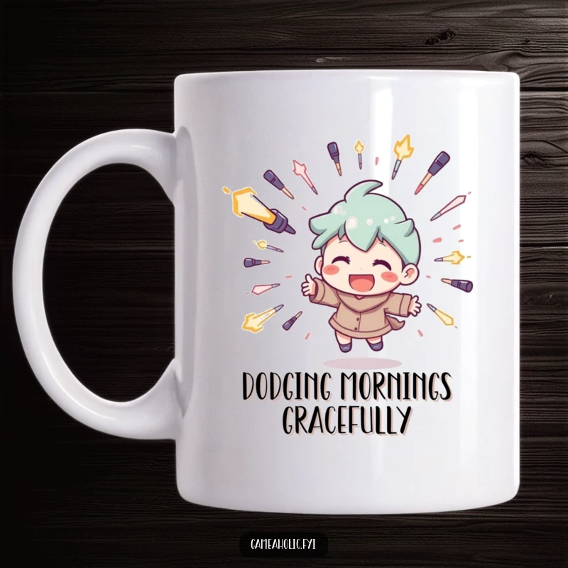 Funny mug with a character grinning while dodging digital projectiles, a humorous gift for agile gamers and quick thinkers.