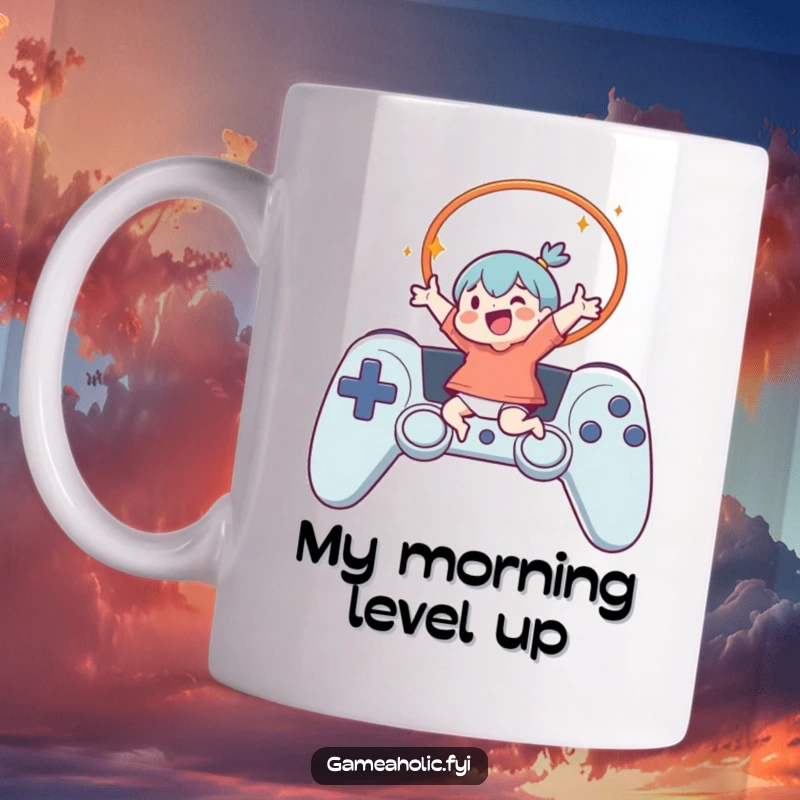 Funny Mug featuring a character excitedly leaping through a large controller-shaped hoop, showcasing pure gaming joy and athletic skill.
