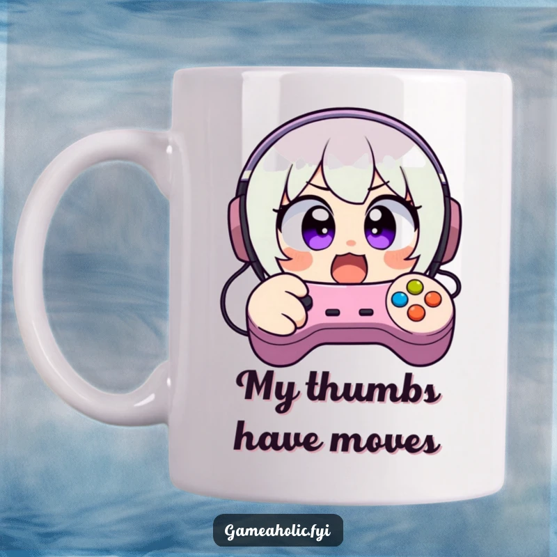 Funny mug of a character with wide, excited eyes, frantically mashing video game controller buttons in a moment of intense gameplay.