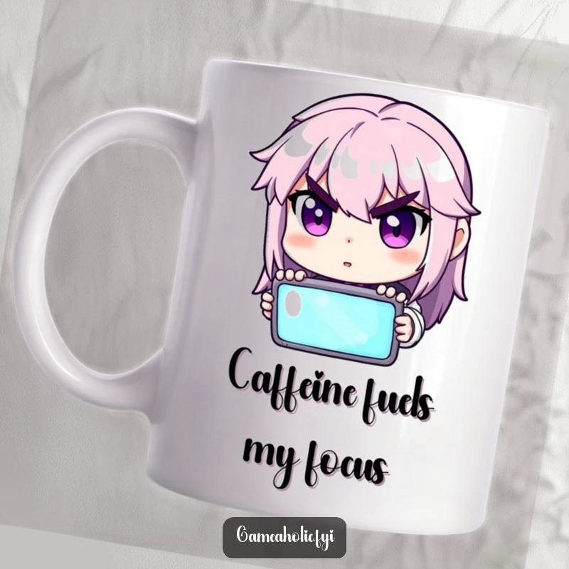 Funny mug showing a gamer character with determined eyes, intensely focused on a glowing computer screen.