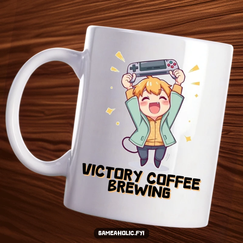 Funny mug of a character excitedly throwing a gamepad in the air with pure joy and celebration.