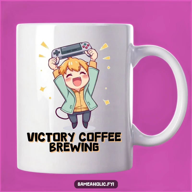 Funny Gamer Victory Mug: Joyful Character Celebrates with Gamepad Toss, Perfect Gift