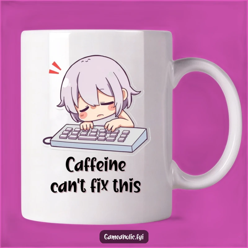 Funny Keyboard Slump Mug: Exhausted Character Sighing Humorously