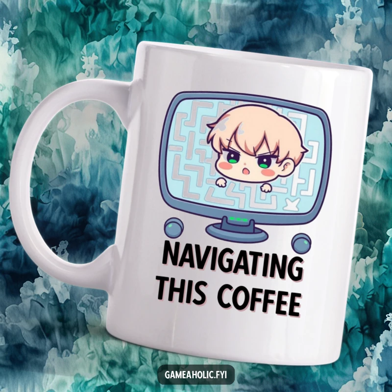 Funny mug with a determined character focused on navigating a complex digital maze on a screen, a humorous gift for persistence.