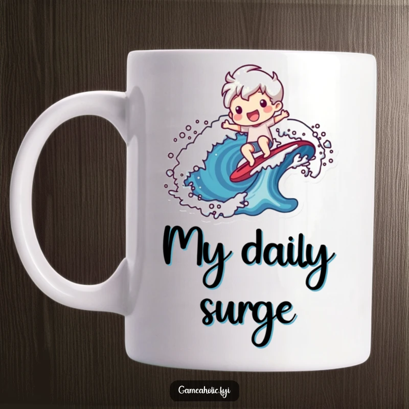 Funny mug featuring a cheerful character joyfully riding a stylized, vibrant pixelated wave, evoking retro gaming vibes.
