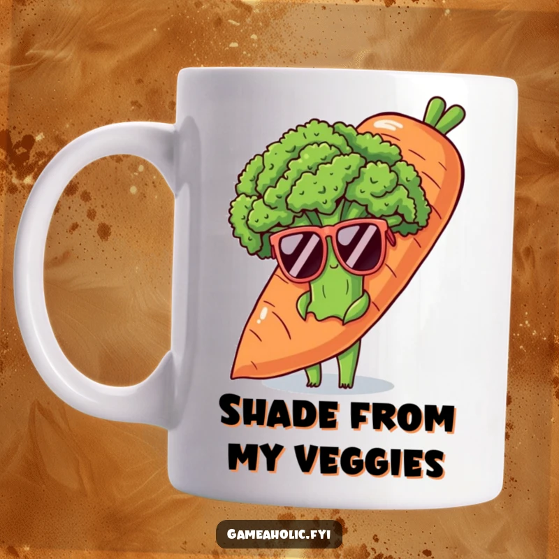 Funny mug featuring a shy broccoli wearing oversized sunglasses, peeking from behind a giant carrot, symbolizing hidden coolness.
