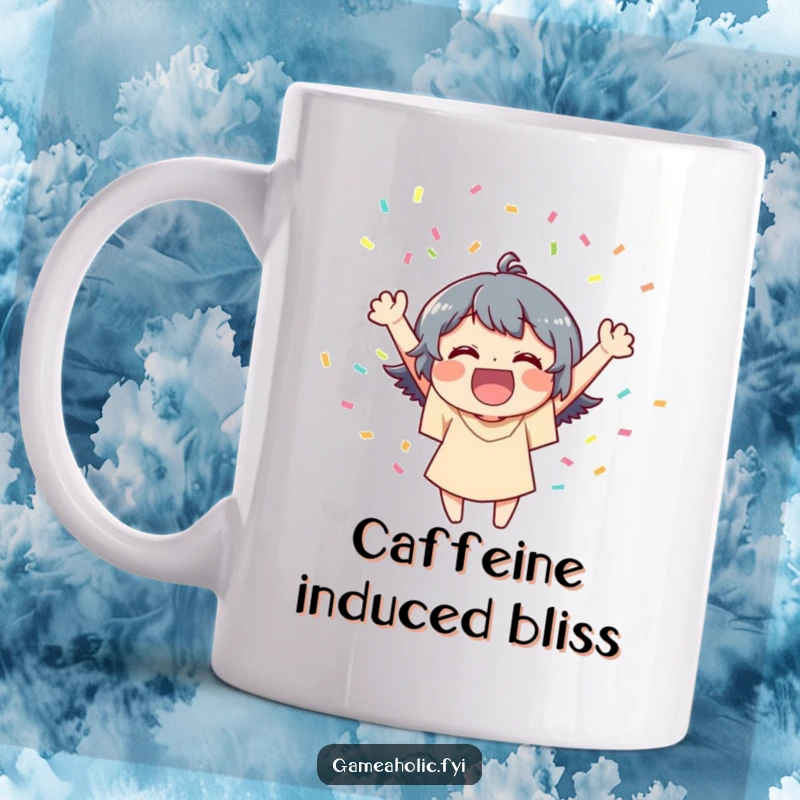 Funny mug showing a joyful character delightedly celebrating a victory amidst a vibrant shower of colorful confetti.