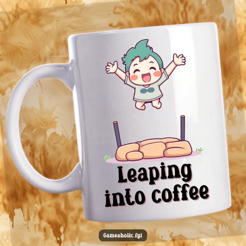 Funny mug of a character excitedly leaping over a virtual obstacle with arms outstretched in triumph.