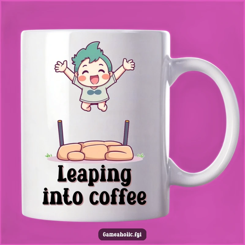 Funny Virtual Athlete Mug: Excited Character Leaping Over Obstacle, Perfect Gift
