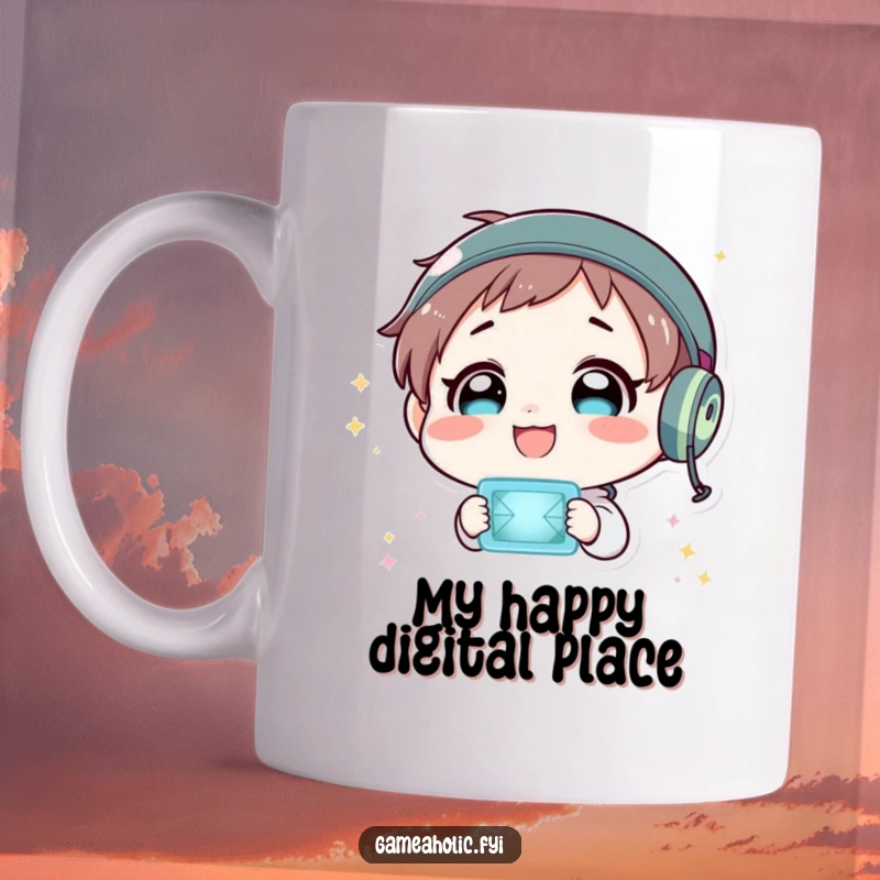 Funny mug showing a character beaming with delight while mesmerized by a flashing, vibrant virtual world on a screen.