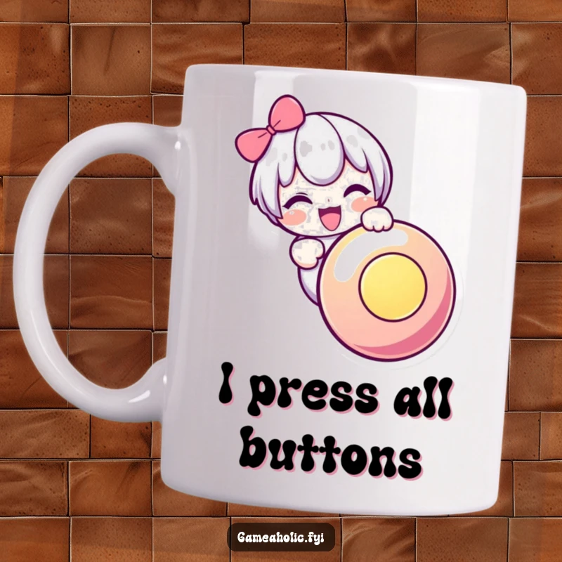 Funny mug of a cute character enthusiastically pressing a large, illuminated button, radiating excitement and joy, perfect for gamers.