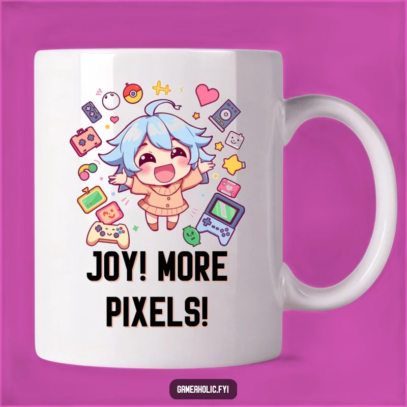 Funny Gamer Mug: Happy Character Excitement, Game Icons, Perfect Gift for Joyful Gamers