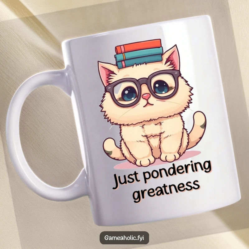Funny mug illustrating a fluffy cat wearing large glasses, precariously balancing a tall stack of books on its head, looking studious.