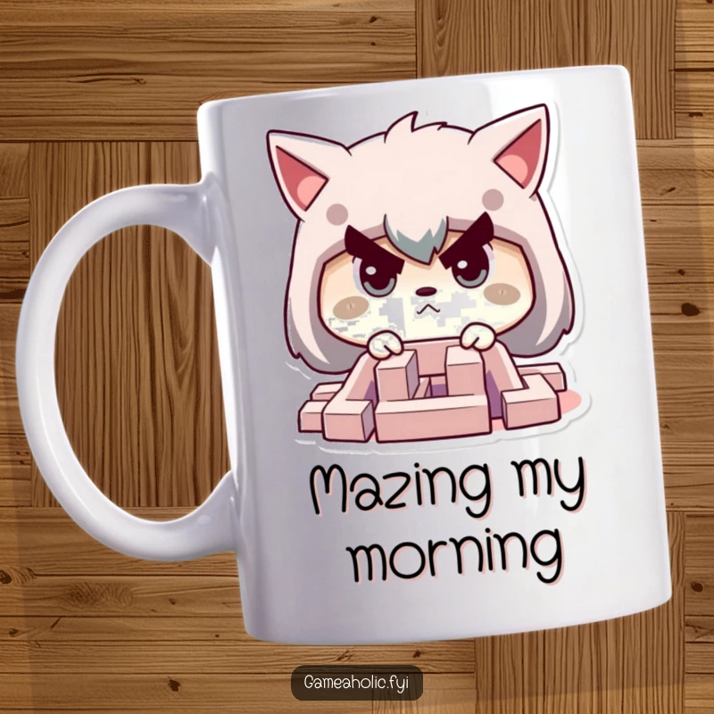 Funny mug of a character with a determined face, intensely focused on navigating a tiny, challenging maze.