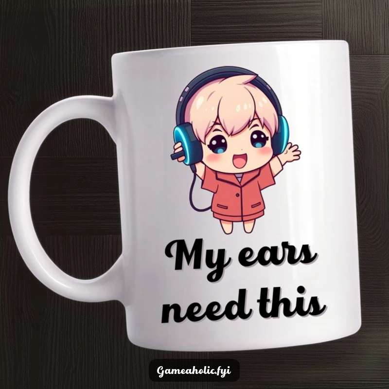 Funny mug depicts an enthusiastic gamer character holding up a glowing gaming headset, ready for an immersive audio adventure.