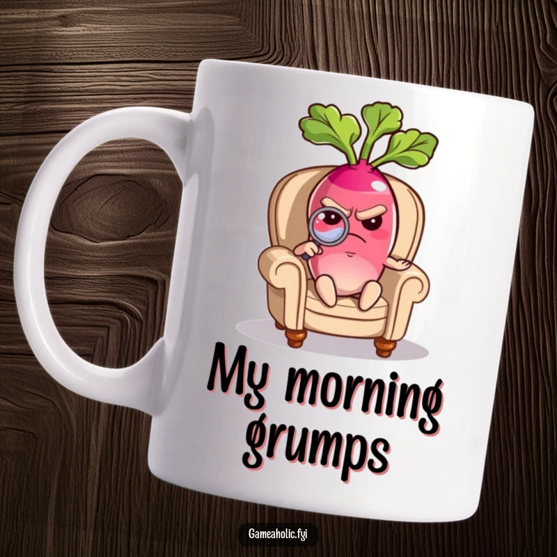 Funny mug with a grumpy radish character sitting in a miniature armchair, intently examining something with a magnifying glass.