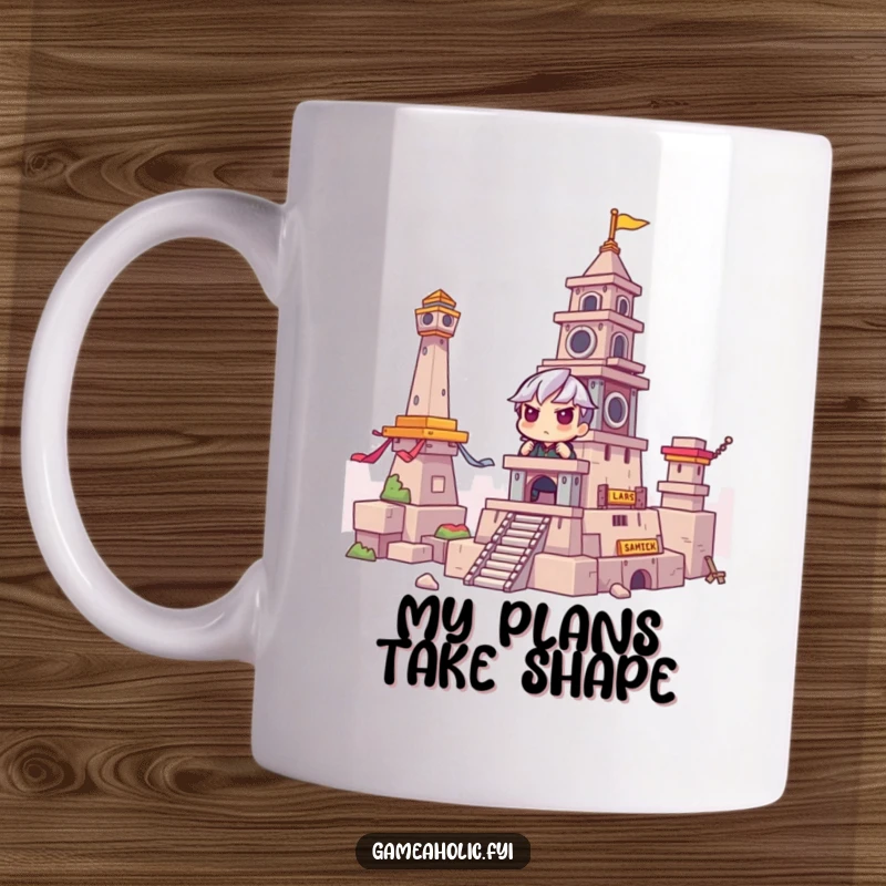 Funny Mug: Gamer intensely concentrating, building a huge tower in a video game world, a testament to their epic gaming skills.