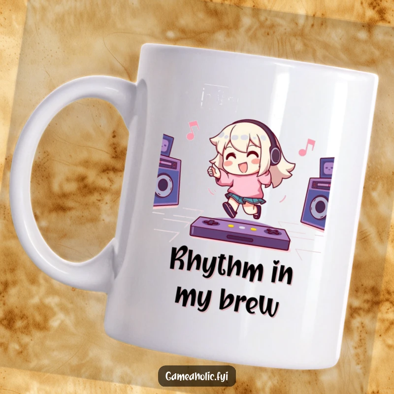 Funny Coffee Mug: A character joyfully taps their foot to an unseen energetic game beat, embodying pure gaming enthusiasm and rhythm.