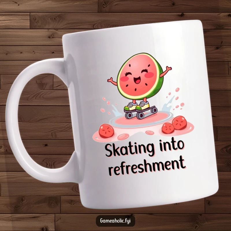 Funny mug featuring a happy watermelon slice on roller skates, gliding joyfully on a pool of juice, celebrating summer fun.