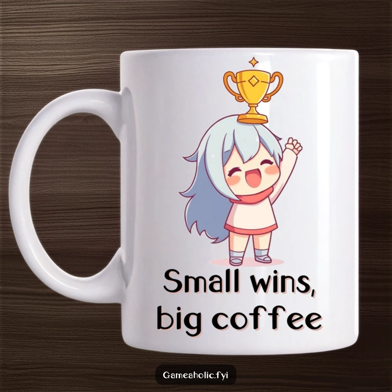 Funny mug of a character joyfully holding up a tiny, golden trophy, celebrating a small but significant achievement.